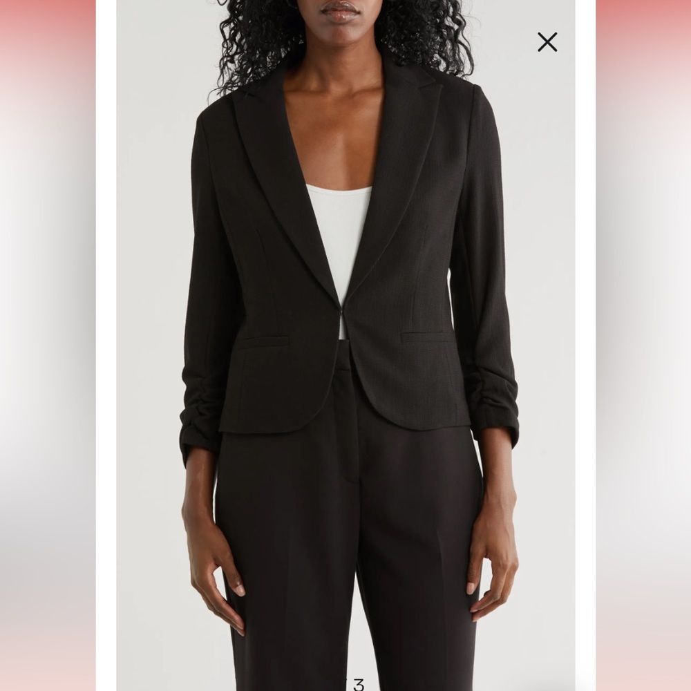 Amanda & Chelsea Ponte 3/4 Ruched Sleeve Blazer In Black